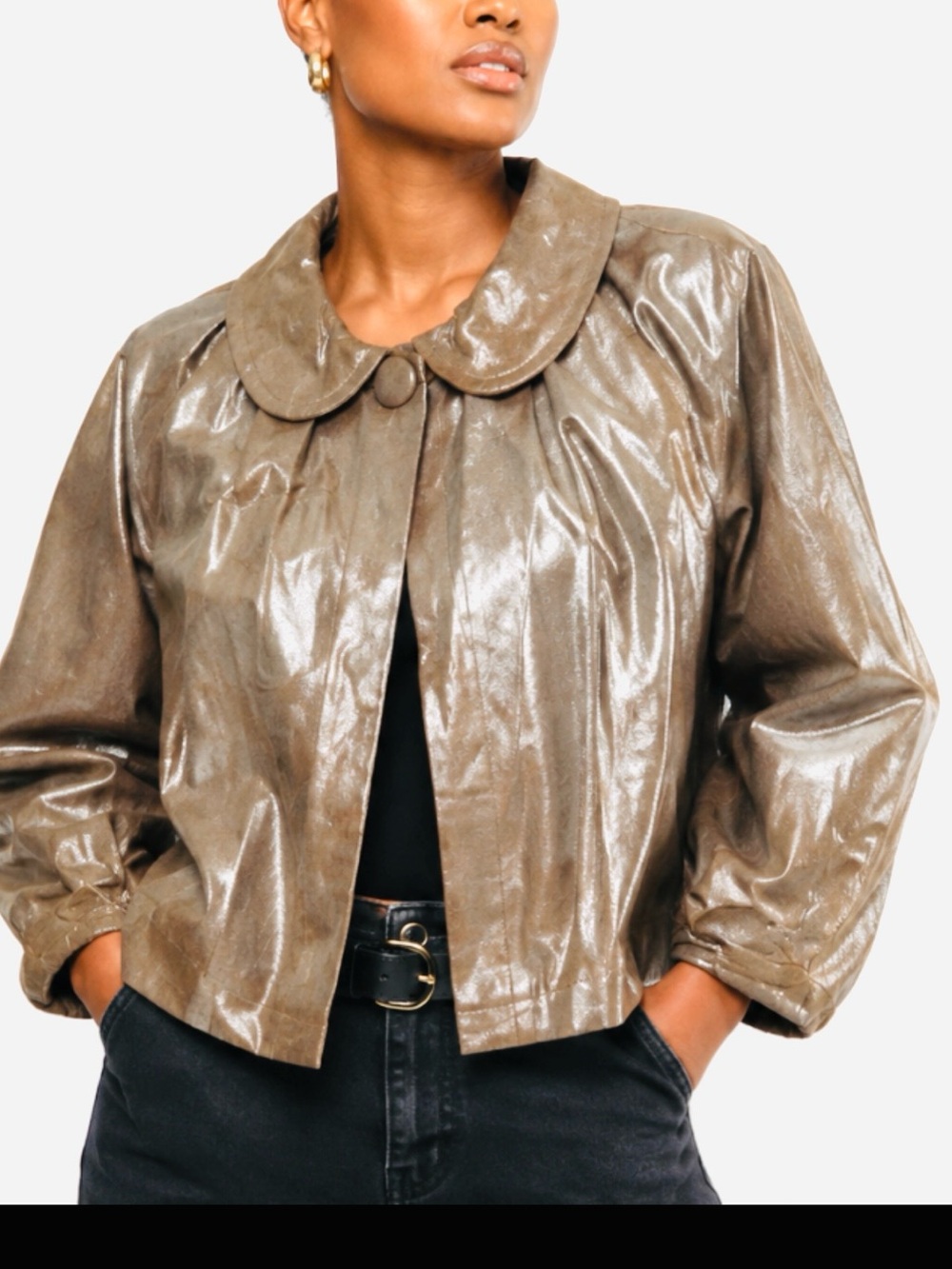 LAL Chic Leather Shimmer Cropped Gold Jacket